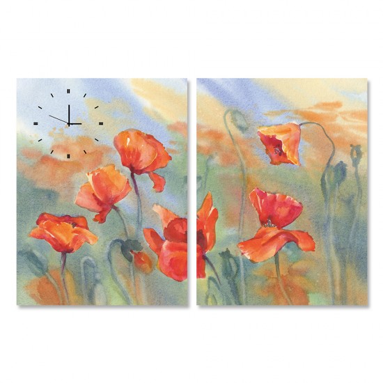 24mama 掛畫 二聯式 花卉 紅色 花朵 水彩風格 暈染 渲染 油畫風格 無框畫 時鐘掛畫 40x60cm-岸芷汀蘭