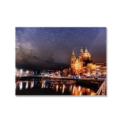 【24mama 掛畫】單聯式 橫幅 荷蘭 阿姆斯特丹 城市 運河 河岸  夜景 河景 無框畫 40x30cm(迷幻河岸)