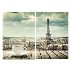 【24mama 掛畫】二聯式 油畫布 風景 城市 咖啡 巴黎鐵塔 艾菲爾鐵塔 下午茶 無框畫 40x60cm(巴黎午茶)
