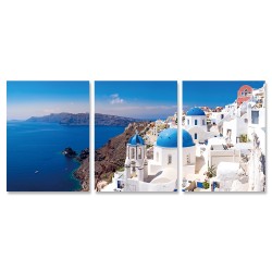 【24mama 掛畫】三聯式 風景 愛琴海 浪慢 希臘 洞穴屋 聖托里尼 地中海 無框畫-30x40cm(Santorini)