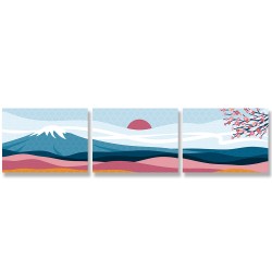 24mama掛畫 三聯式 山 樹 日本 橫幅 雲 太陽 現代風格 無框畫 40x30cm-富士山與櫻花樹