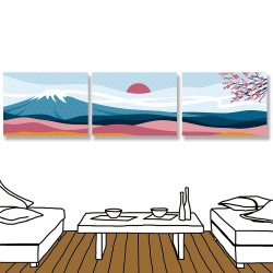 24mama掛畫 三聯式 山 樹 日本 橫幅 雲 太陽 現代風格 無框畫 40x30cm-富士山與櫻花樹