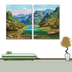 24mama掛畫 二聯式 景觀 河流 動物 夏天 自然 樹 無框畫 30x40cm-山脈森林