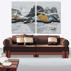24mama掛畫 二聯式 景觀 抽象 插圖 滿月 雲 動物 船 倒影 湖 無框畫 30x40cm-抽象丘陵