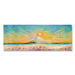 24mama掛畫 單聯式 富士山 日本 著名 春天 太陽 天空 美麗花 繪畫插圖 無框畫 時鐘掛畫 80x30cm-旅遊勝地