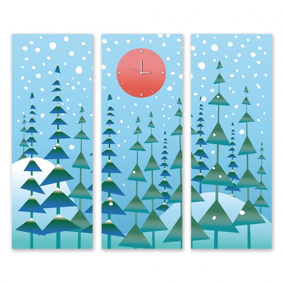 24mama掛畫 三聯式 冷杉樹 下雪 森林 插圖 無框畫 時鐘掛畫 30x80cm-冬天風景