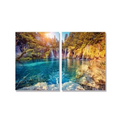 24mama掛畫 二聯式 歐洲 山 湖 瀑布 美麗風景 森林 光芒 無框畫 30x40cm-克羅地亞公園