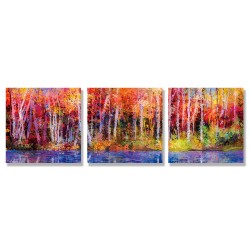 24mama掛畫 三聯式 抽象 藝術 秋天自然 森林 湖 草地 樹木 風景 無框畫 30x30cm-白楊木樹