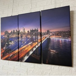 24mama掛畫 三聯式 客製化無框畫 尺寸圖像都可客製 無框畫 30x60cm-曼哈頓和布魯克林大橋