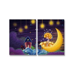 24mama掛畫 二聯式 兒童房 夜晚 月亮 星星 插圖 無框畫 30x40cm-夜童話