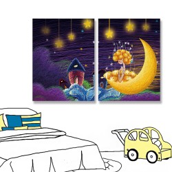 24mama掛畫 二聯式 兒童房 夜晚 月亮 星星 插圖 無框畫 30x40cm-夜童話