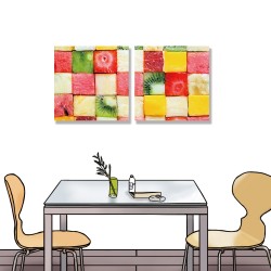 24mama掛畫 二聯式 熱帶 新鮮 美食 西瓜 香蕉 菠蘿 草莓 獼猴桃 葡萄柚 無框畫 30x30cm-水果丁排列