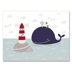 24mama掛畫 單聯式 動物 鯨魚 海鷗 燈塔 海 雲 斯堪的納維亞風格 兒童 北歐 無框畫 40x30cm-可愛的海景