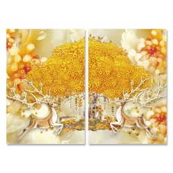 24mama掛畫 二聯式 玉石 黃金 動物 羚羊 花朵 角 無框畫 40x60cm-東方金錢樹