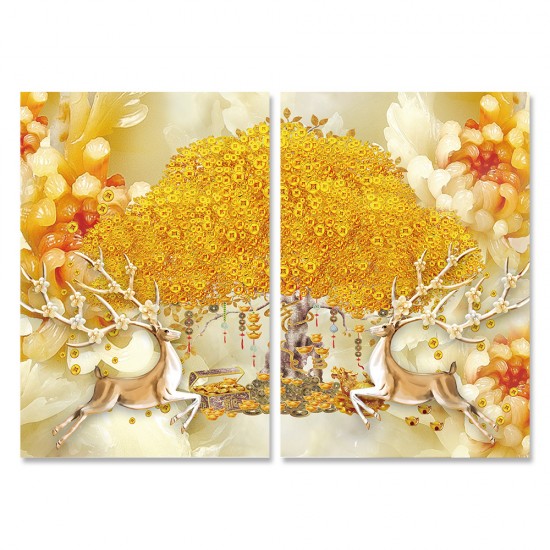 24mama掛畫 二聯式 玉石 黃金 動物 羚羊 花朵 角 無框畫 40x60cm-東方金錢樹