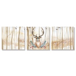 24mama掛畫 三聯式 鳥 動物 森林樹木 藝術插圖 無框畫 30x30cm-鹿頭