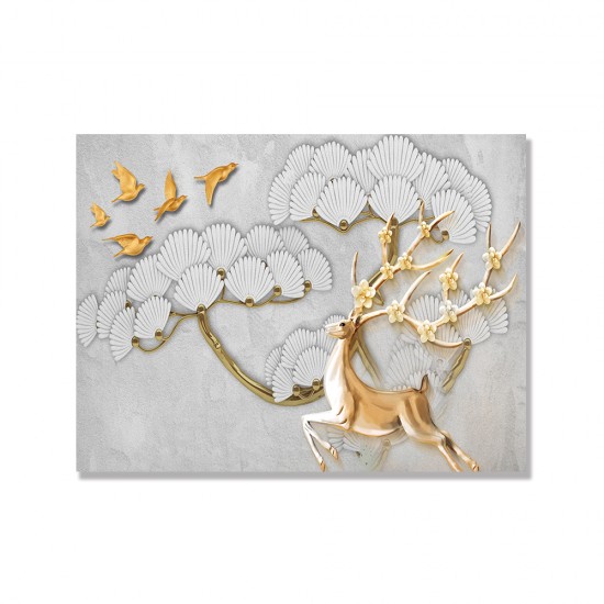 24mama掛畫 單聯式 抽象 花卉 鳥 動物 金色 華麗 樹木 無框畫 40x30cm-盛開花的鹿
