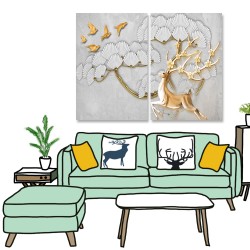 24mama掛畫 二聯式 抽象 花卉 鳥 動物 金色 華麗 樹木 無框畫 40x60cm-盛開花的鹿