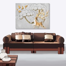 24mama掛畫 單聯式 抽象 花卉 鳥 動物 金色 華麗 樹木 無框畫 40x30cm-盛開花的鹿