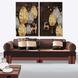 24mama掛畫 二聯式 植物 動物 灰色 金色 鳥 質感 無框畫 時鐘掛畫 40x60cm-抽象樹與鹿