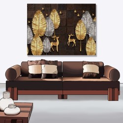 24mama掛畫 單聯式 植物 動物 灰色 金色 鳥 質感 無框畫 40x30cm-抽象樹與鹿