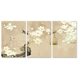 24mama掛畫 三聯式 動物 藝術繪畫 開花 花卉 鳥籠 樹枝 靜思語 無框畫 40x60cm-玉蘭花與鳥