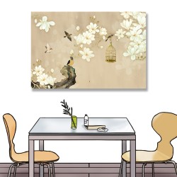 24mama掛畫 單聯式 動物 藝術繪畫 開花 花卉 鳥籠 樹枝 靜思語 無框畫 60x40cm-玉蘭花與鳥