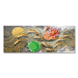 24mama掛畫 單聯式 動物 金魚 花卉 睡蓮 藝術 金色 無框畫 80x30cm-抽象波浪