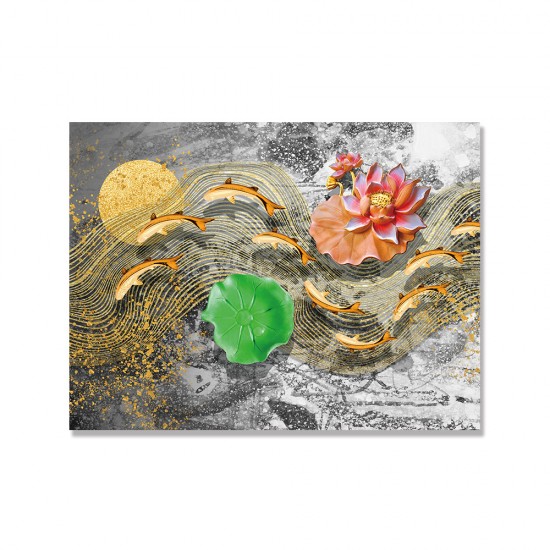 24mama掛畫 單聯式 動物 金魚 花卉 睡蓮 藝術 金色 無框畫 40x30cm-抽象波浪