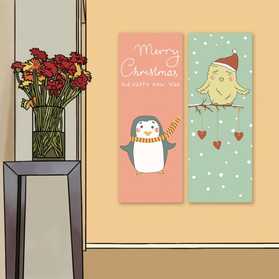 24mama掛畫 二聯式 動物 貓頭鷹 有趣 節日 鹿 雪人 可愛 冬天 禮物 無框畫 30x80cm-聖誕卡通