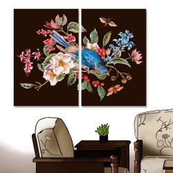 24mama掛畫 二聯式 春天 復古 植物花朵 昆蟲 甲蟲 鳥 動物 手繪 無框畫 40x60cm-柔和的春天01