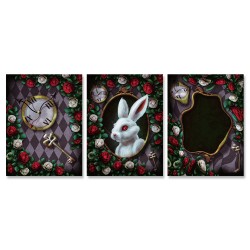 24mama掛畫 三聯式 動物 白兔子 鑰匙 英國 白玫瑰 插圖 花朵 面鏡 扭曲 無框畫 30x40cm-夢遊仙境16