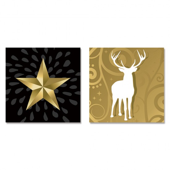 24mama掛畫 二聯式 動物 鹿 節日 插圖 樹 禮物 鈴鐺 星星 無框畫 30x30cm-聖誕裝飾