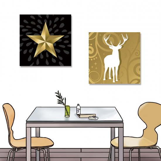 24mama掛畫 二聯式 動物 鹿 節日 插圖 樹 禮物 鈴鐺 星星 無框畫 30x30cm-聖誕裝飾