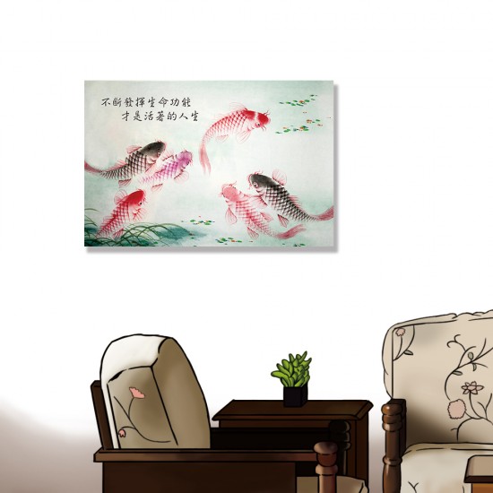 24mama掛畫 單聯式 動物 藝術 插圖 東方 傳統 靜思語 無框畫 60x40cm-鯉魚畫