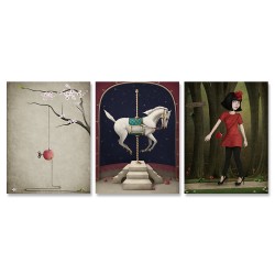 24mama掛畫 三聯式 動物 馬 蘋果 樹枝 昆蟲 故事 插圖 童話 無框畫 30x40cm-木馬與小紅帽
