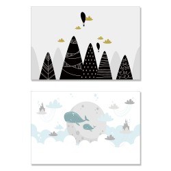 24mama掛畫 二聯式 北歐 寶寶 孩子 裝飾 黑山 雲 氣球 動物 鯨魚 無框畫 60x40cm-可愛風景插圖