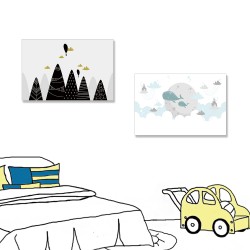 24mama掛畫 二聯式 北歐 寶寶 孩子 裝飾 黑山 雲 氣球 動物 鯨魚 無框畫 60x40cm-可愛風景插圖