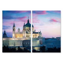 24mama掛畫 二聯式 歐洲西班牙 城市教堂 建築 城堡 夏天 黃昏 無框畫 40x60cm-日落馬德里地