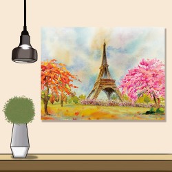 24mama掛畫 單聯式 建築 巴黎歐洲 藝術插圖 法國 櫻花 樹 無框畫 40x30cm-春天鐵塔