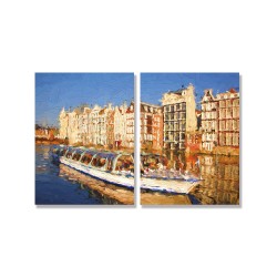 24mama掛畫 二聯式 歐洲荷蘭 繪畫藝術 城市建築 船 河水 無框畫 30x40cm-阿姆斯特丹河