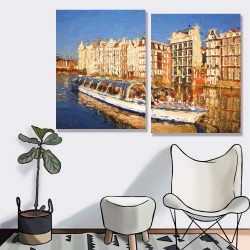 24mama掛畫 二聯式 歐洲荷蘭 繪畫藝術 城市建築 船 河水 無框畫 30x40cm-阿姆斯特丹河