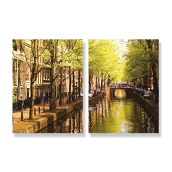 24mama掛畫 二聯式 歐洲荷蘭 繪畫藝術 城市建築 河水 汽車 街道 無框畫 30x40cm-阿姆斯特丹街