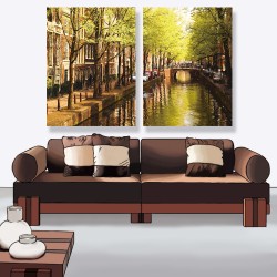 24mama掛畫 二聯式 歐洲荷蘭 繪畫藝術 城市建築 河水 汽車 街道 無框畫 30x40cm-阿姆斯特丹街