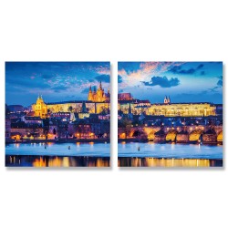 24mama掛畫 二聯式 暮光之城 教堂 歐洲 中世紀 河 無框畫 30x30cm-黃昏布拉格城堡