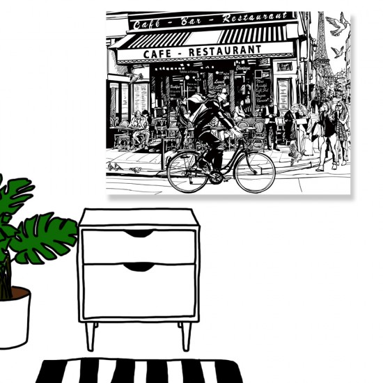 24mama掛畫 單聯式 巴黎 咖啡館 街 黑白 鐵塔 無框畫 40x30cm-巴黎咖啡館