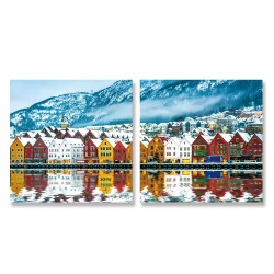 24mama掛畫 二聯式 冬天 下雪 建築 挪威 無框畫 30x30cm-卑爾根