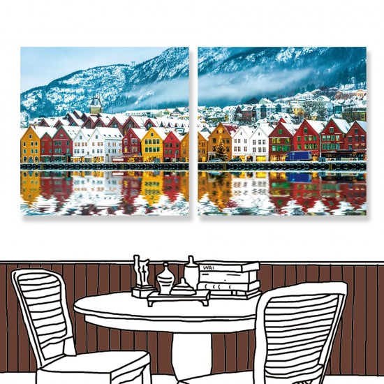 24mama掛畫 二聯式 冬天 下雪 建築 挪威 無框畫 30x30cm-卑爾根