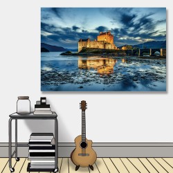 24mama掛畫 單聯式 黃昏日落 英國蘇格蘭 建築 海 山 無框畫 60x40cm-艾琳多南城堡