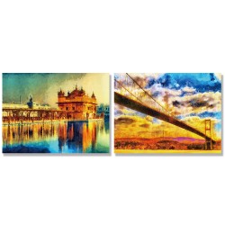 24mama掛畫 二聯式 印度 建築 插圖 湖 繪畫藝術 海峽 土耳其 無框畫 40x30cm-金廟與懸索橋